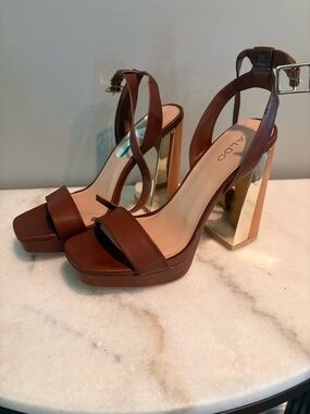ALDO Brown Leather Platform Sandals with Gold Block Heel